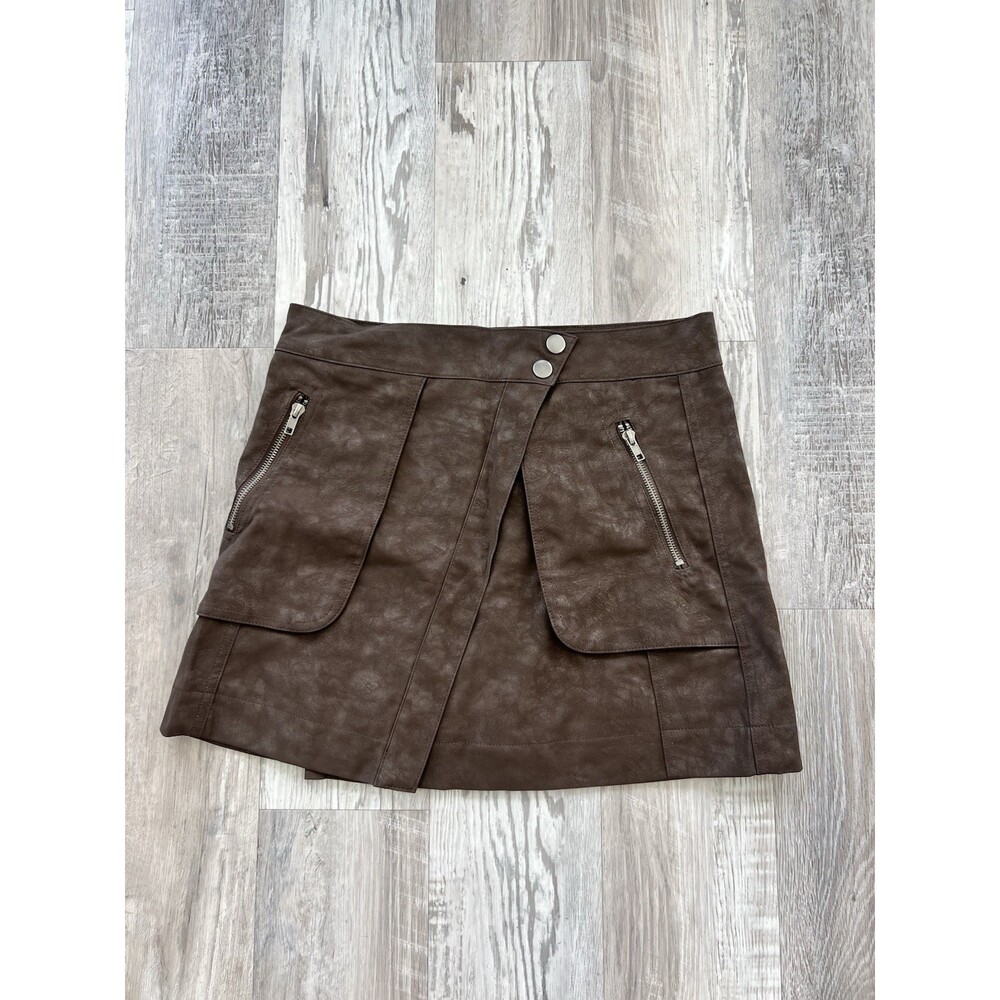 2 Saints Brown Faux Leather Mini Skirt Zipper Pockets Button Closure Size M